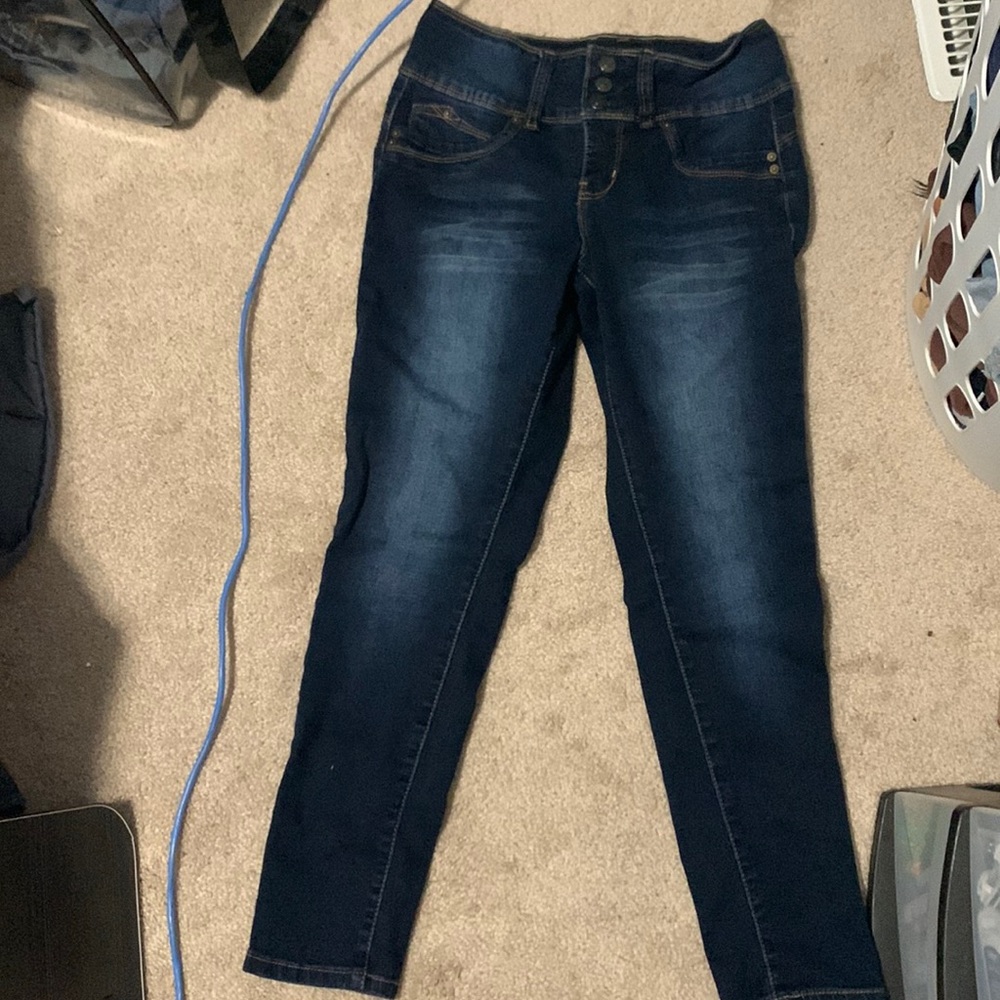 Dark blue jeans, Royalty for me, high waisted.
